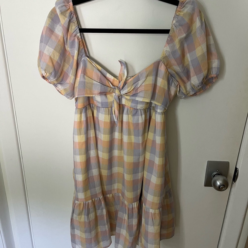 Goldie Picnic Dress - Pastel Plaid Puff Sleeve Dress